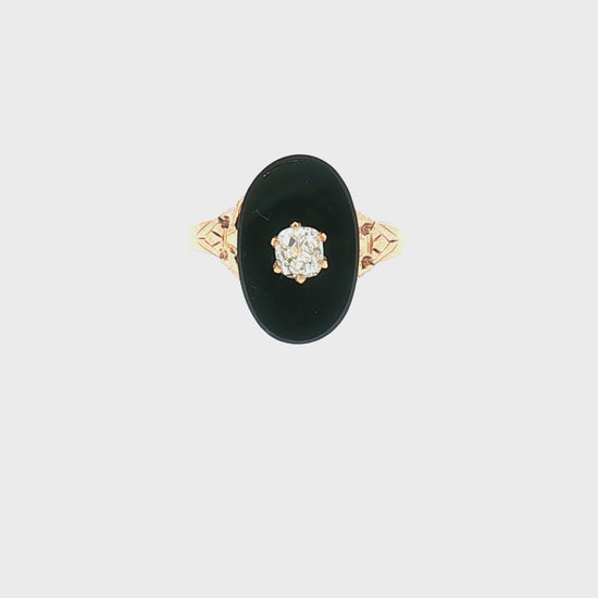 Victorian 10k Yellow Gold Black Onyx and Old Mine Cut Diamond Mourning Ring