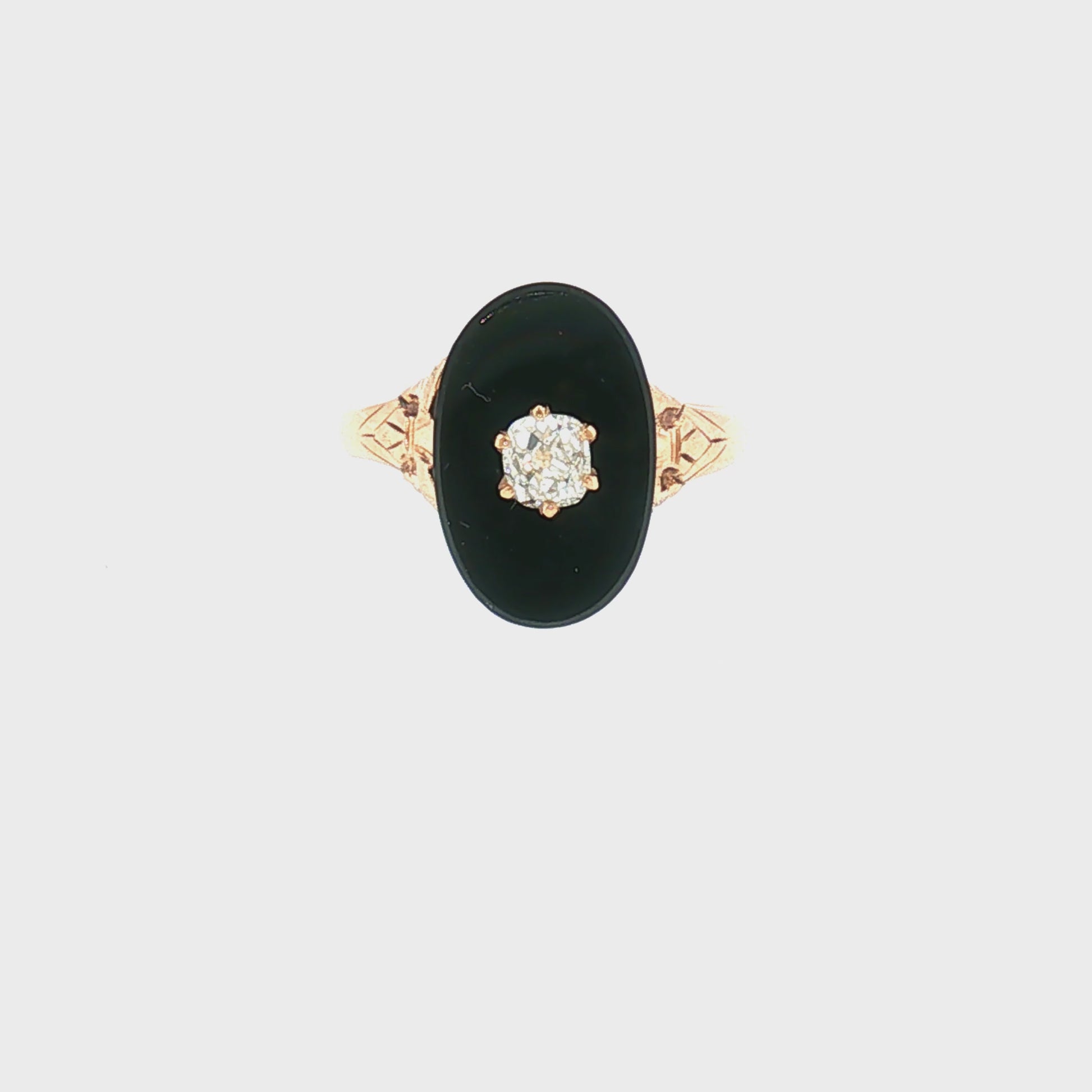 Victorian 10k Yellow Gold Black Onyx and Old Mine Cut Diamond Mourning Ring