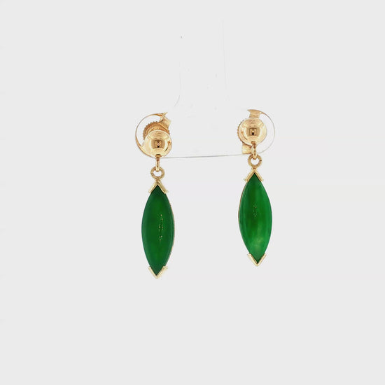 Late 20th-Century 14k Yellow Gold Marquise Shaped Jadeite Drop Earrings