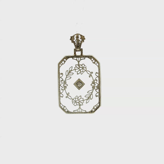 1930's 14k White Gold Camphor Glass and Diamond Filigree Pendant
