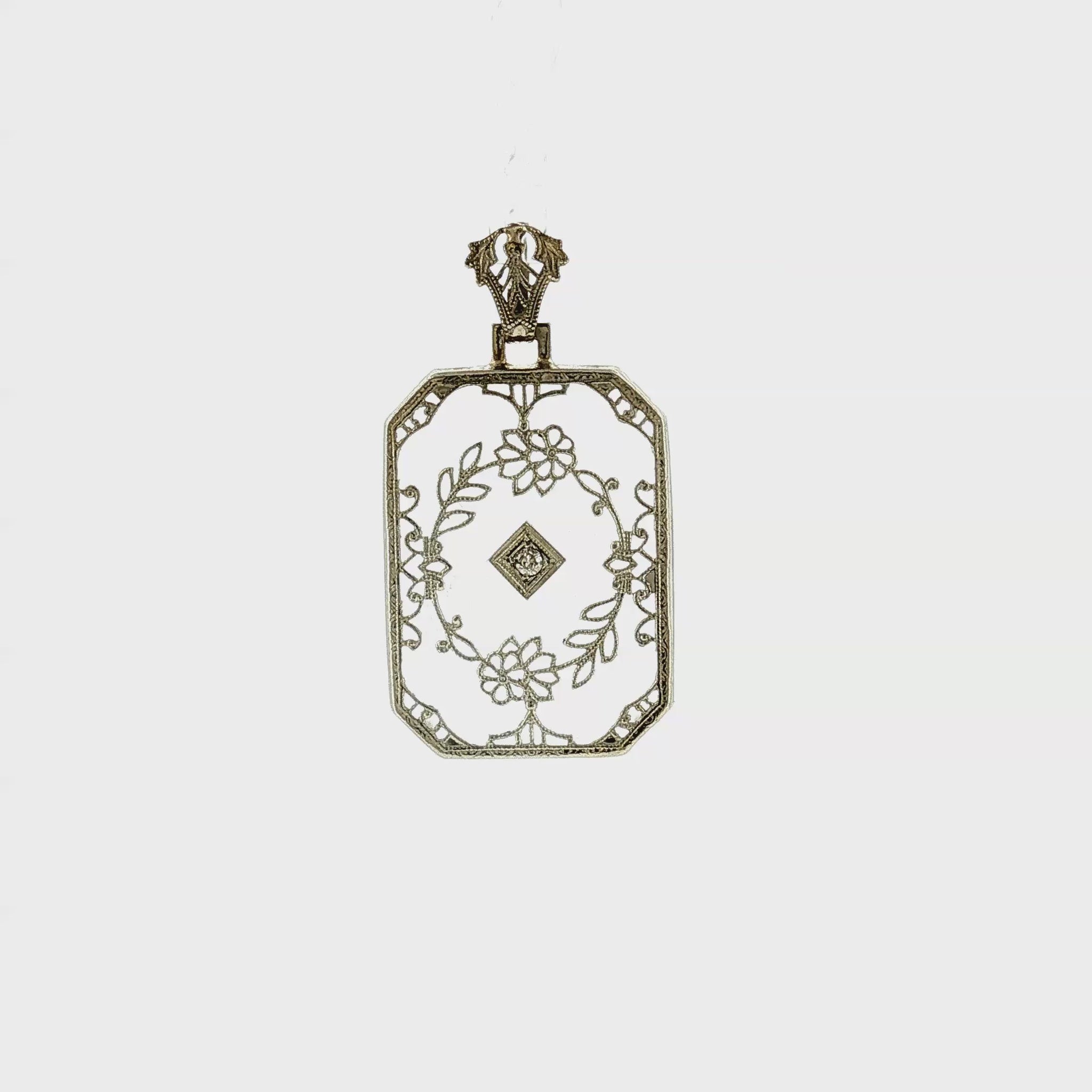 1930's 14k White Gold Camphor Glass and Diamond Filigree Pendant