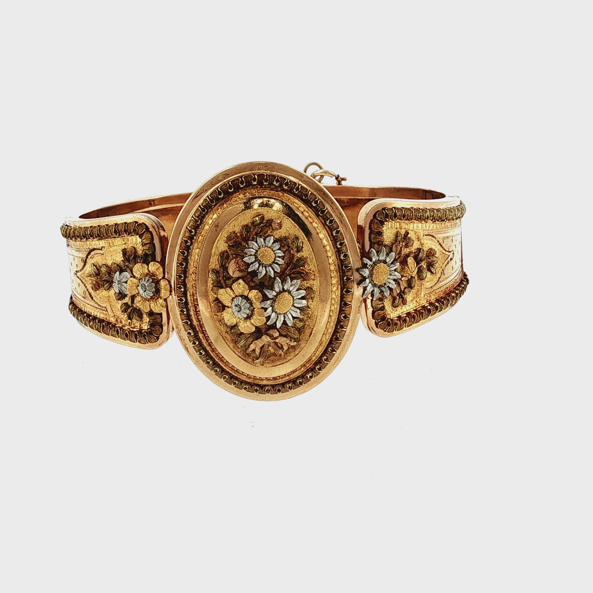 1860's 18k and Platinum Multi-Colored Gold French Flower and Engraved Bracelet