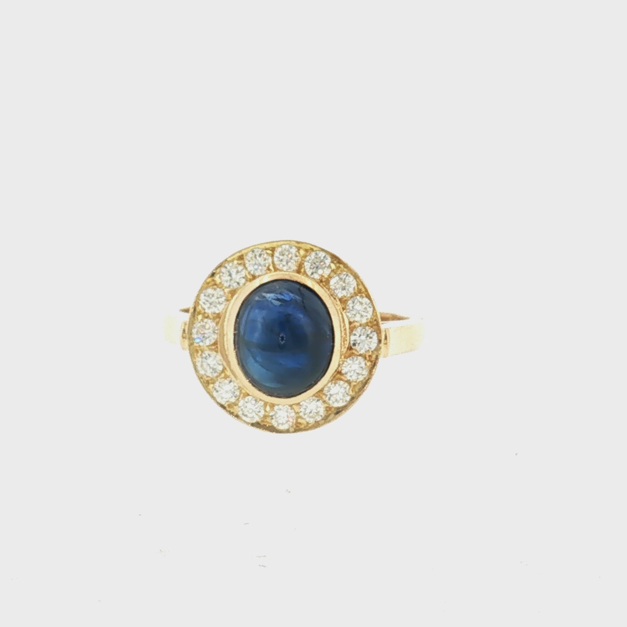 Late 20th-Century 18 Karat Yellow Gold Cabochon Blue Sapphire Halo Ring