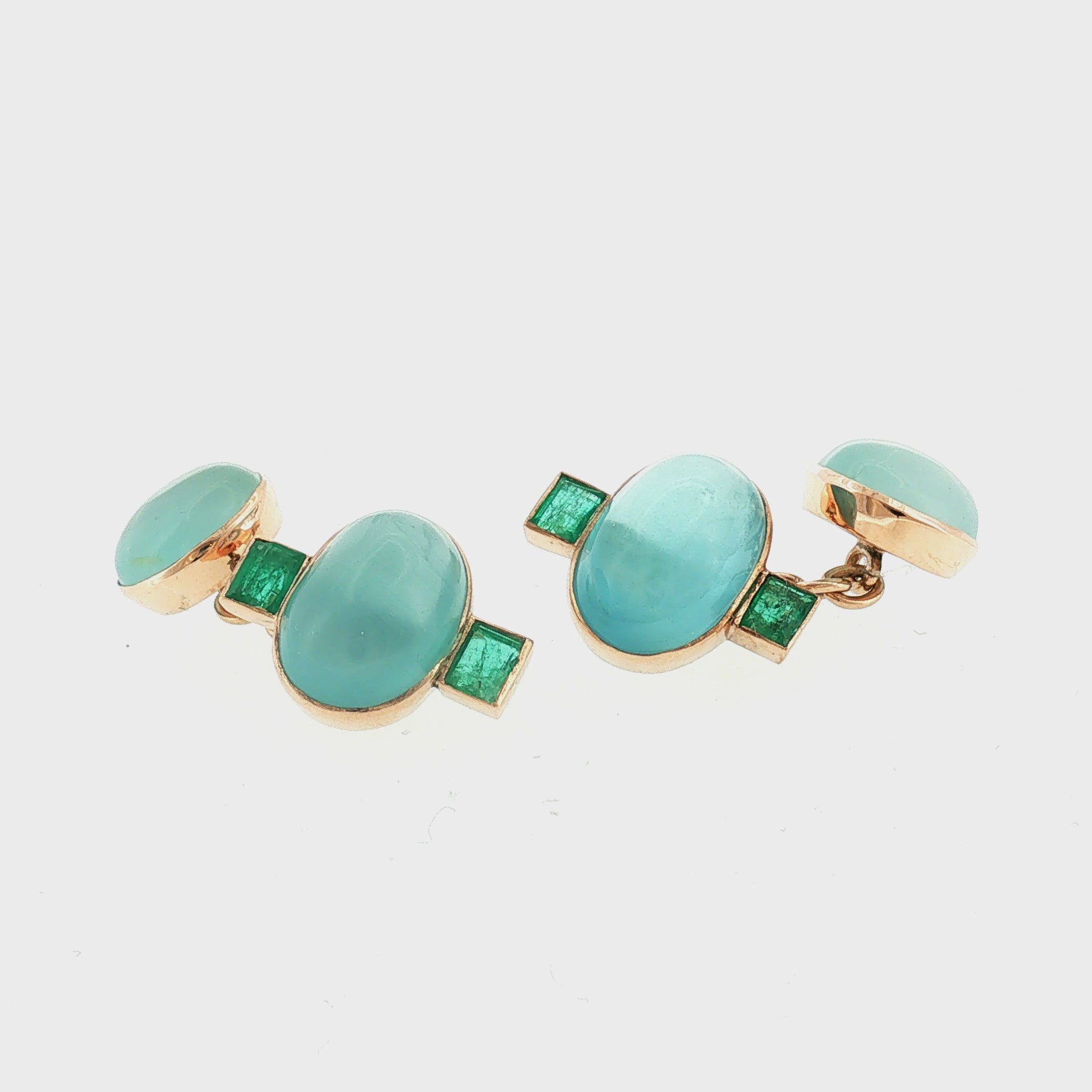 Mid-Century 7 Karat Yellow Gold Cab Aqua and Emerald Cuff Links