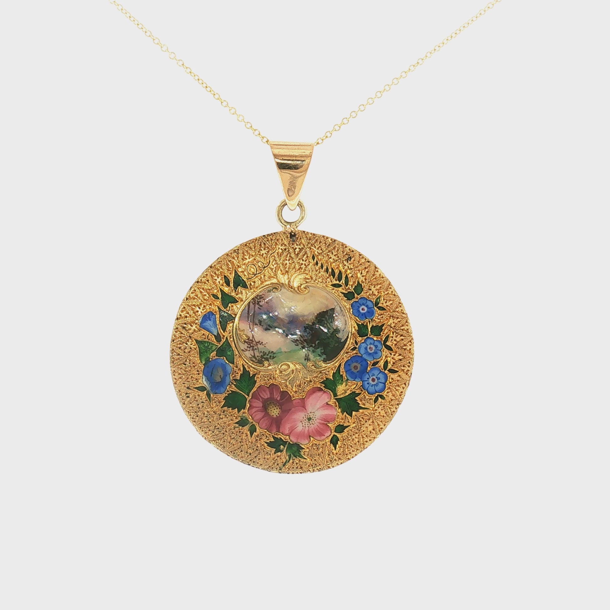 Art Nouveau 18k Floral Enameled Pendant on 18" 14k Chain