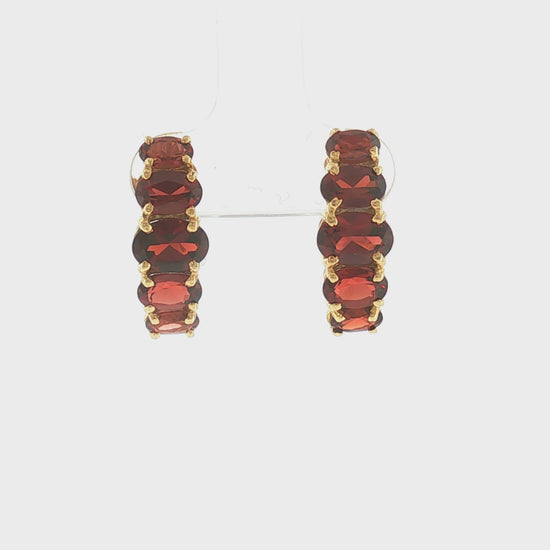 21st-Century 14k Yellow Gold Oval Garnet Half Hoop Earrings