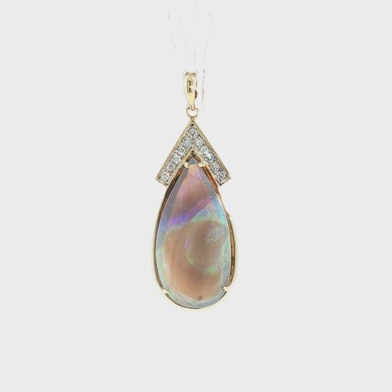 Mid Century 14k Two Tone Grey Based Opal and Diamond Pendant