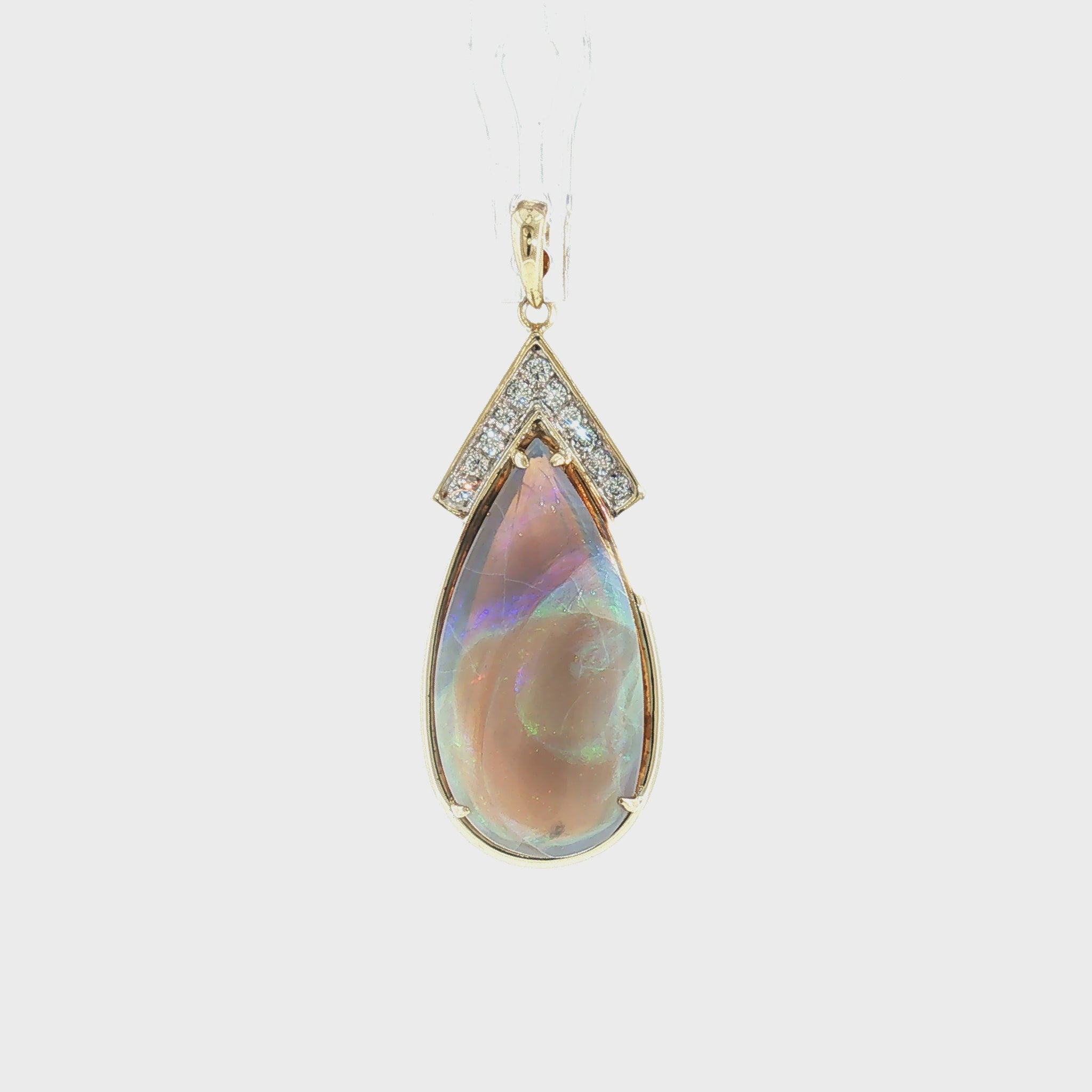 Mid Century 14k Two Tone Grey Based Opal and Diamond Pendant