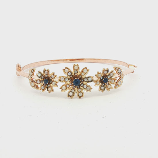 Victorian Seed Pearl and Sapphire Floral Design Hinged Bracelet