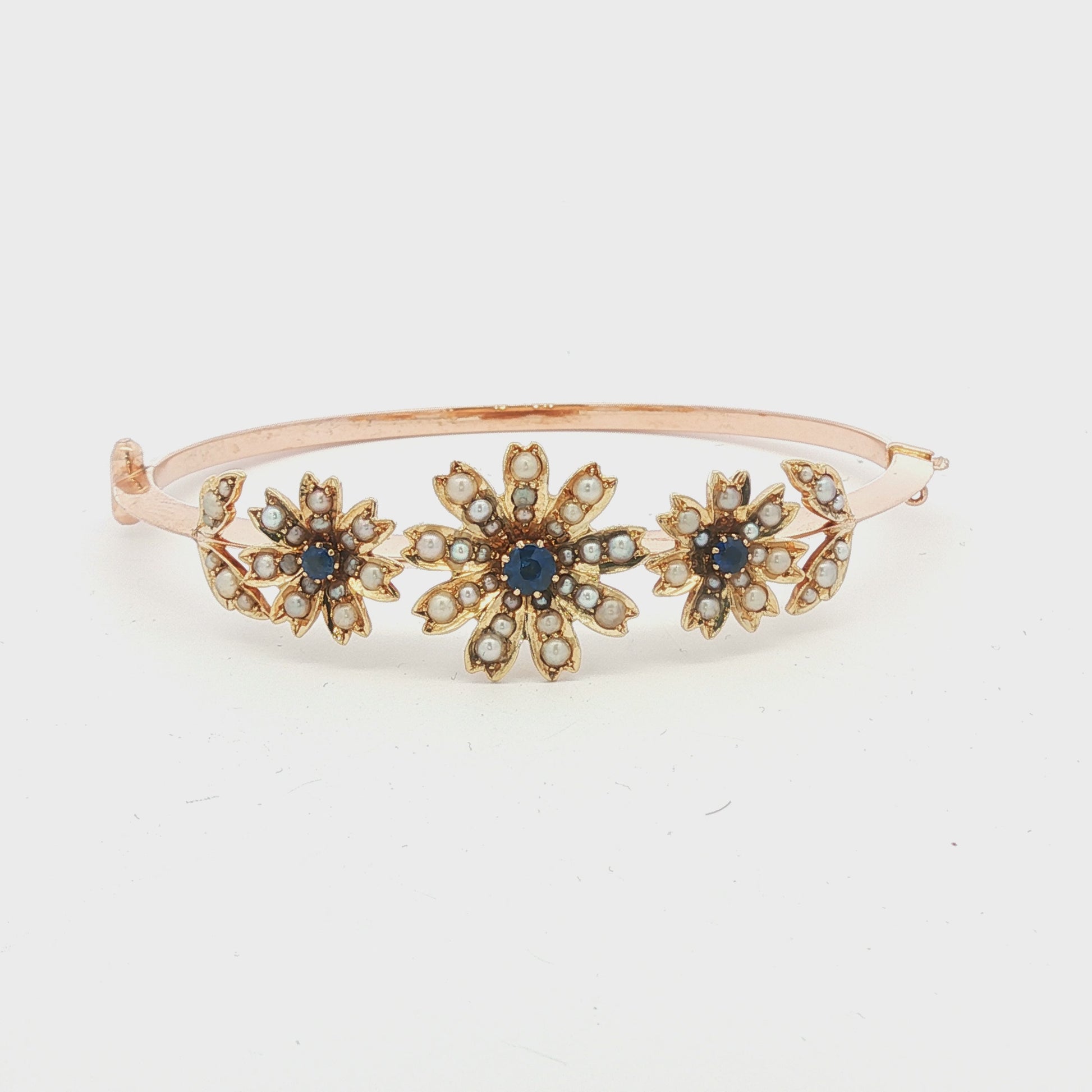 Victorian Seed Pearl and Sapphire Floral Design Hinged Bracelet