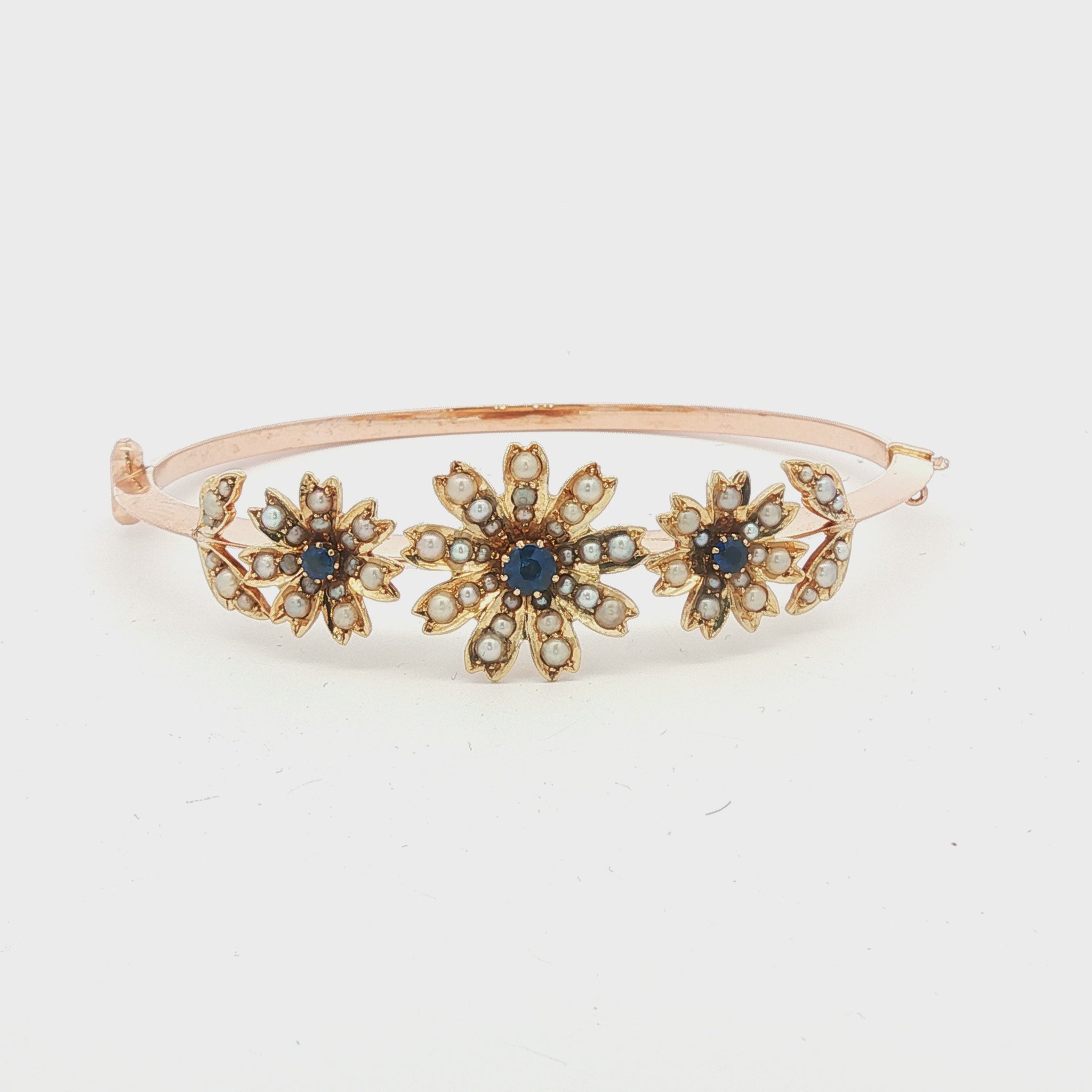 Victorian Seed Pearl and Sapphire Floral Design Hinged Bracelet
