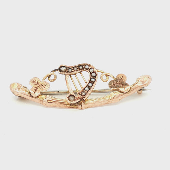 Victorian 9k Harp and Clover Pin with Natural Seed Pearls
