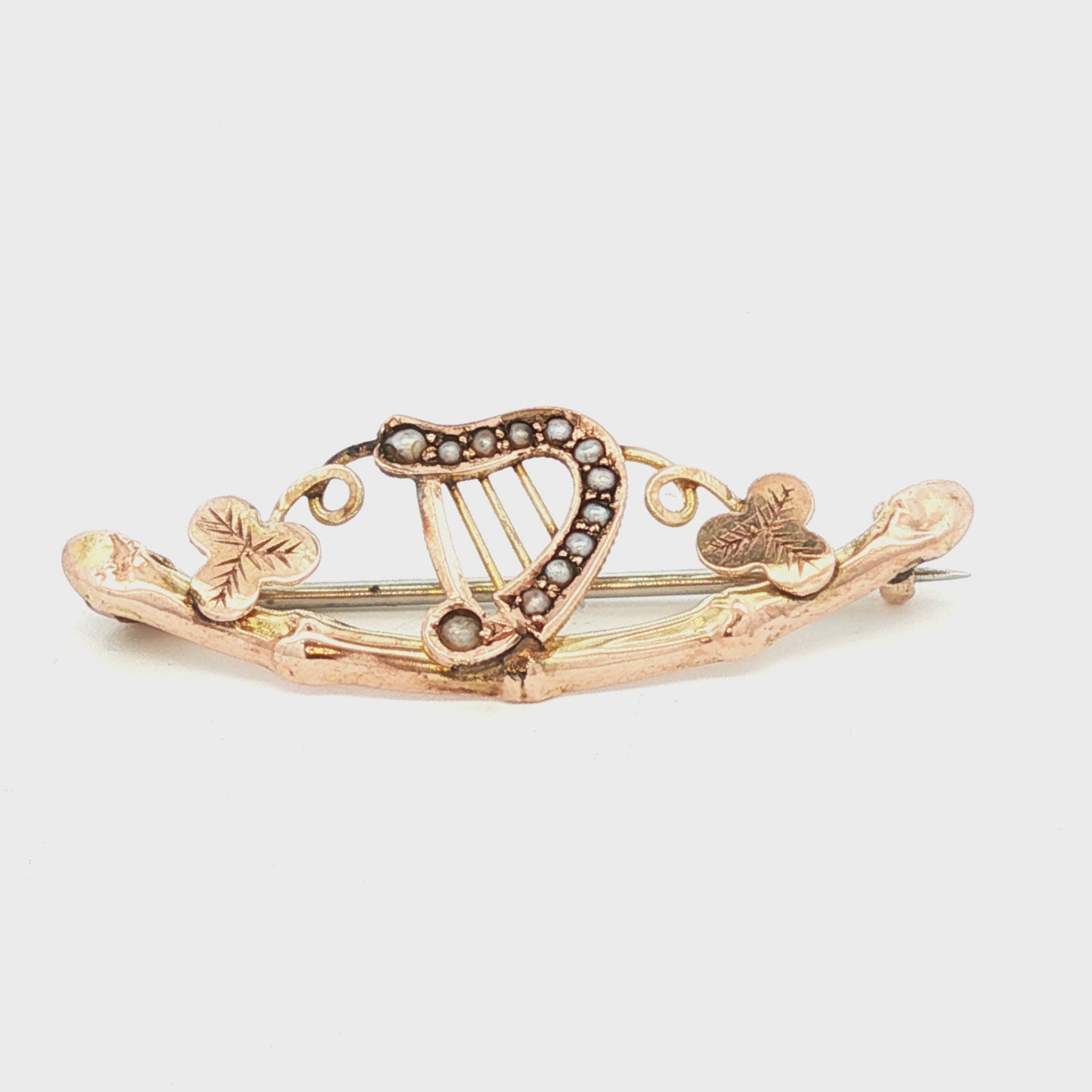 Victorian 9k Harp and Clover Pin with Natural Seed Pearls