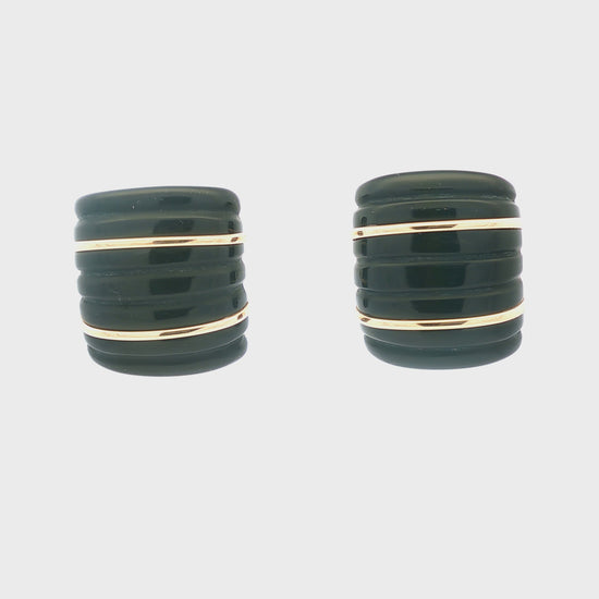 Vintage Cushion Ribbed Black Onyx and 14k Gold Earrings