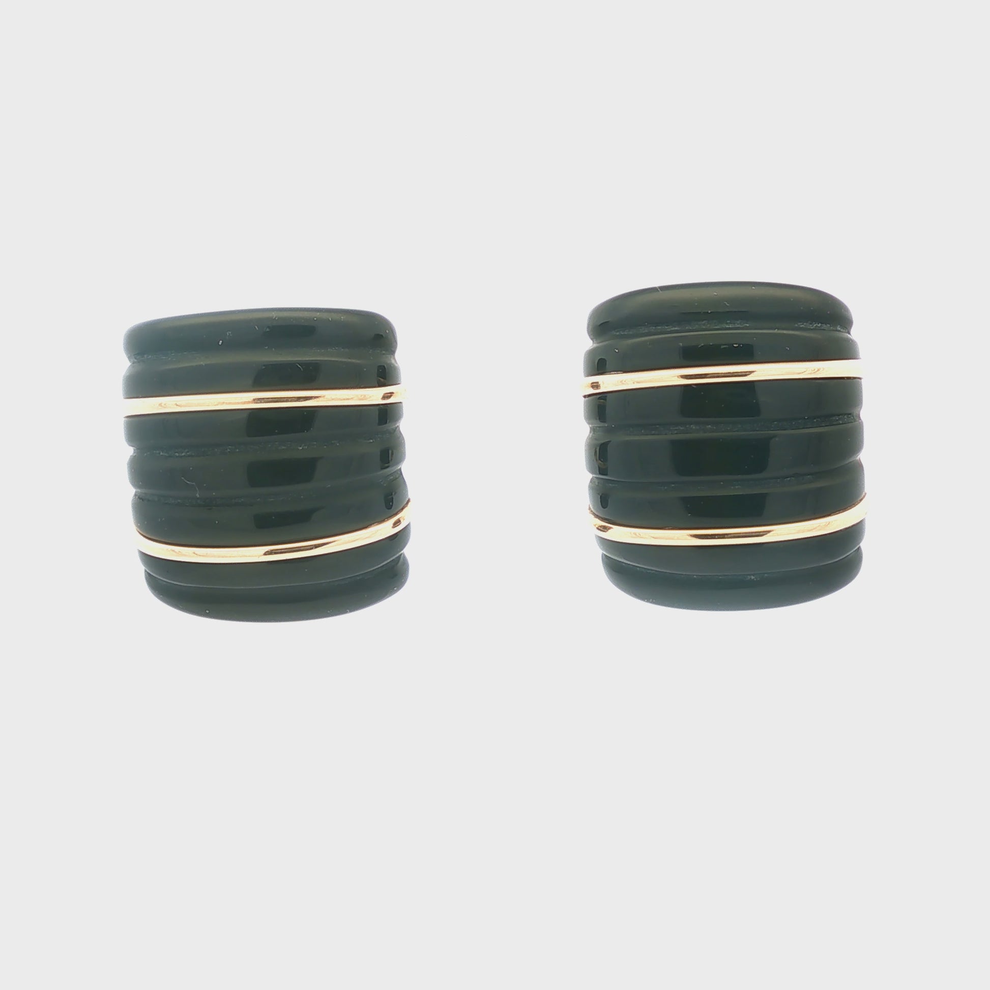 Vintage Cushion Ribbed Black Onyx and 14k Gold Earrings
