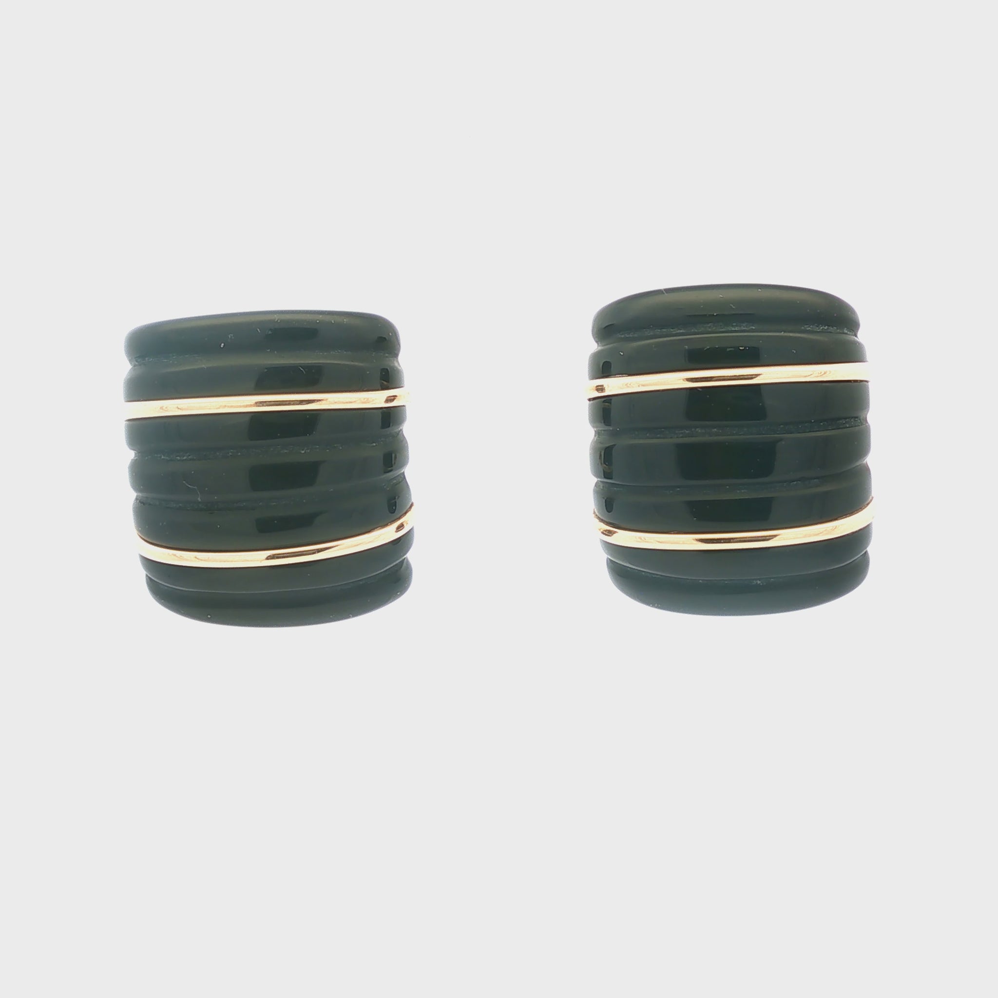 Vintage Cushion Ribbed Black Onyx and 14k Gold Earrings