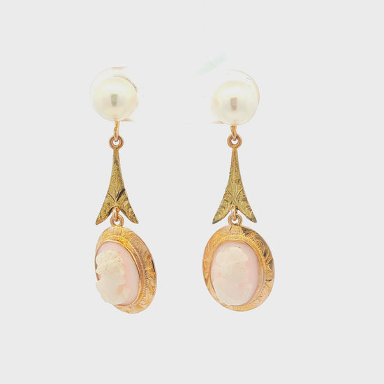 Victorian 10k yellow gold Pink Shell Cameo and Cultured Pearl Drop Earrings