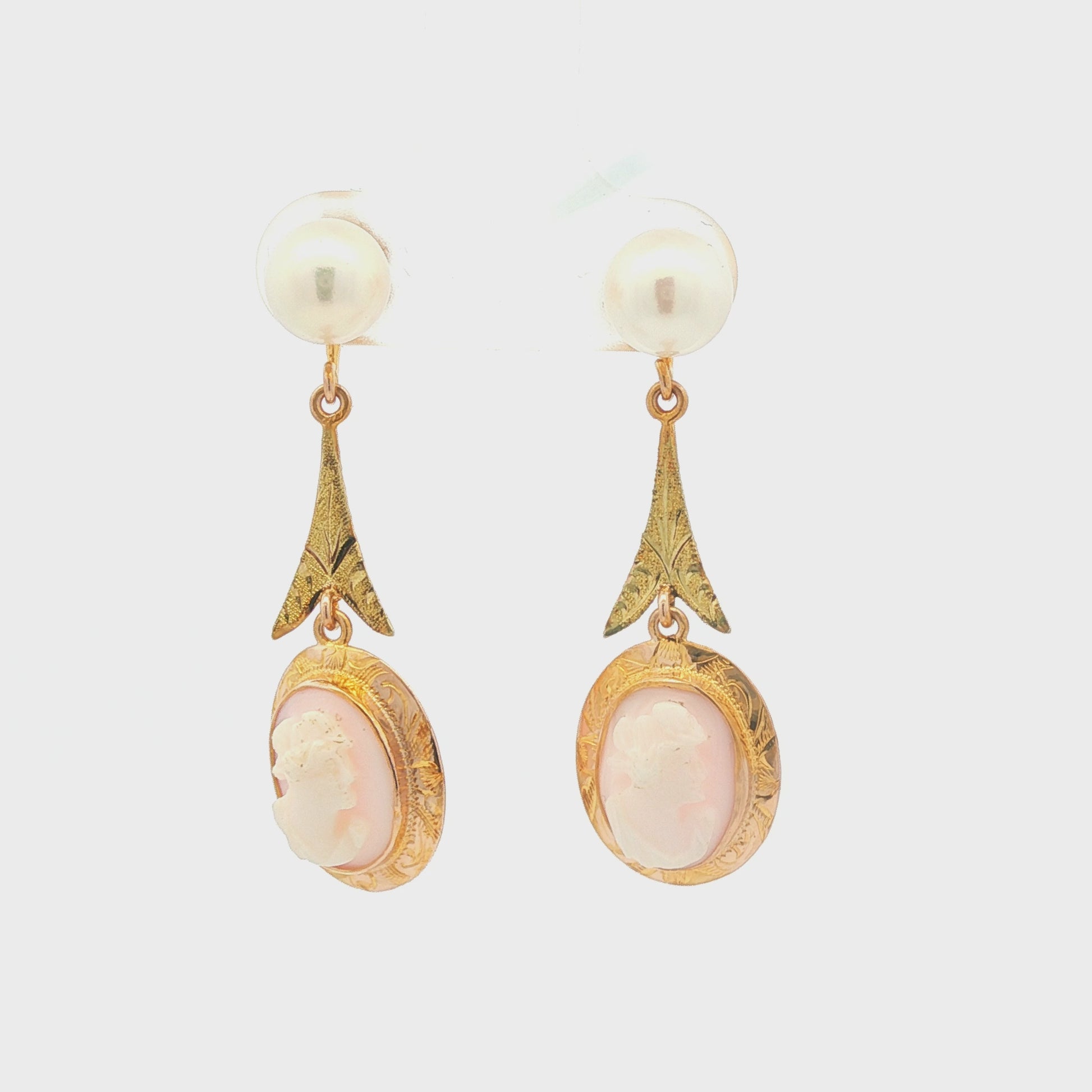 Victorian 10k yellow gold Pink Shell Cameo and Cultured Pearl Drop Earrings