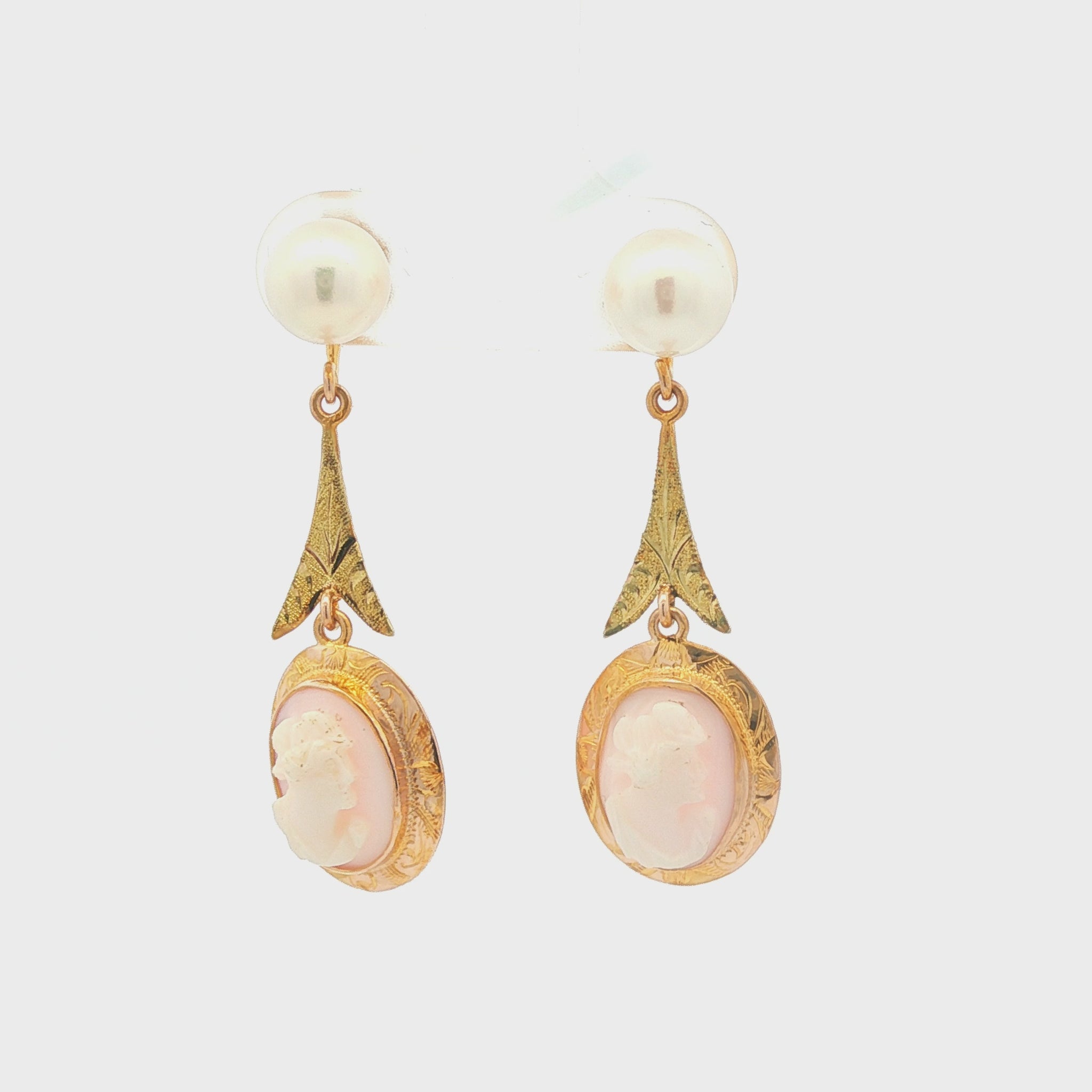 Victorian 10k yellow gold Pink Shell Cameo and Cultured Pearl Drop Earrings