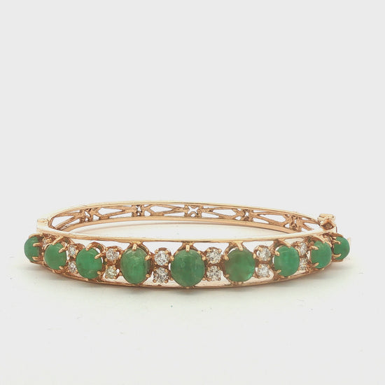 14K Gold Emerald Cabochon and Diamond Hinged Bracelet
