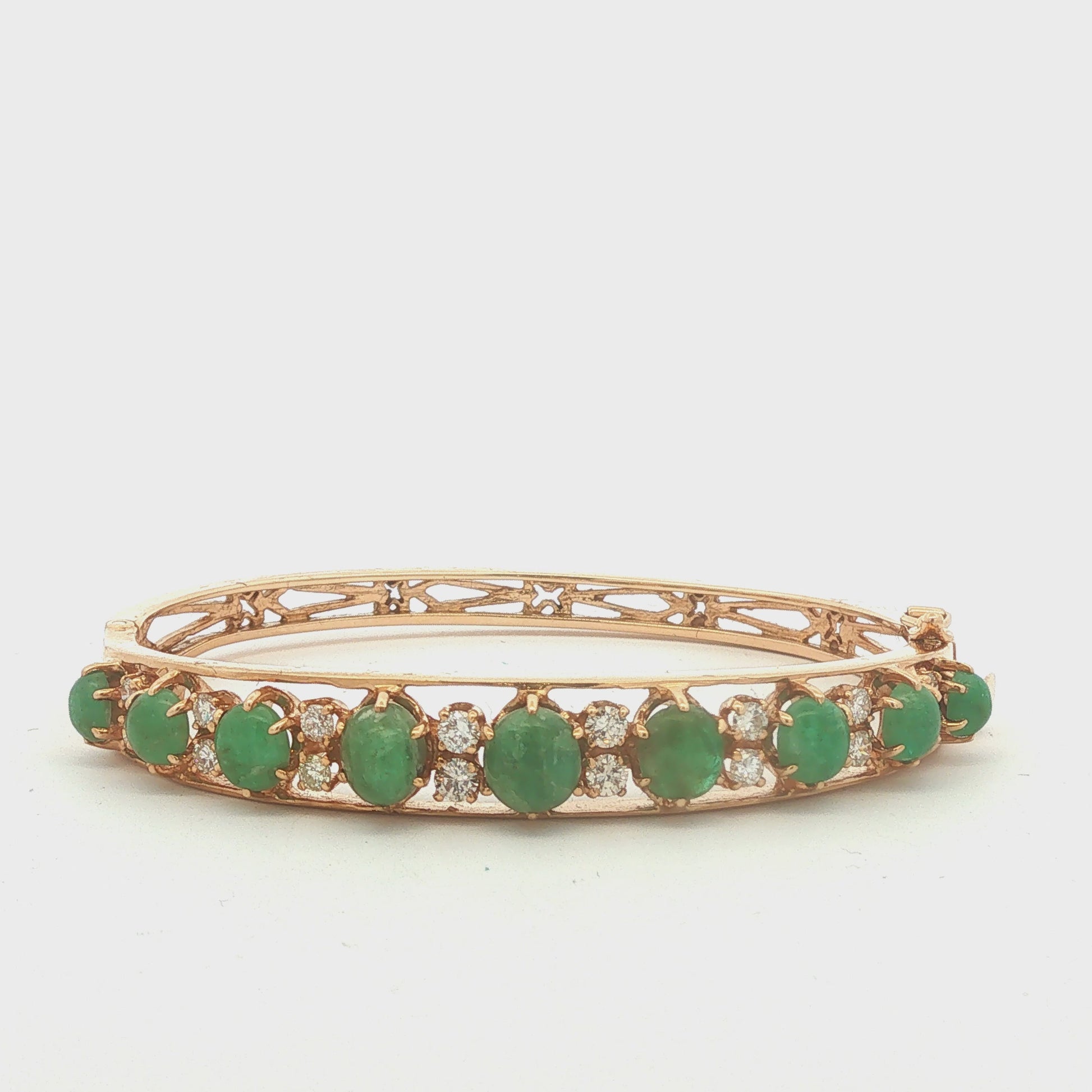 14K Gold Emerald Cabochon and Diamond Hinged Bracelet