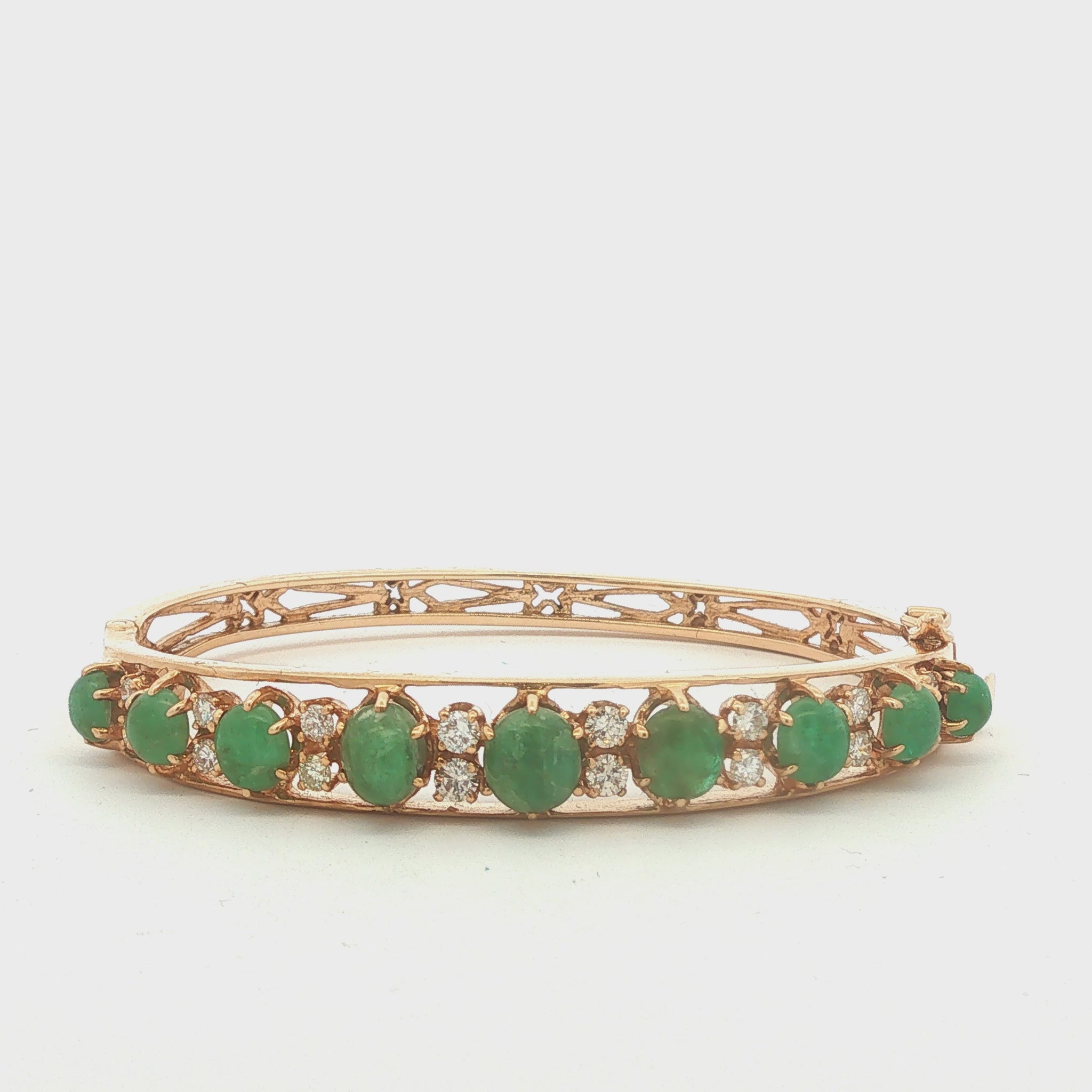 14K Gold Emerald Cabochon and Diamond Hinged Bracelet