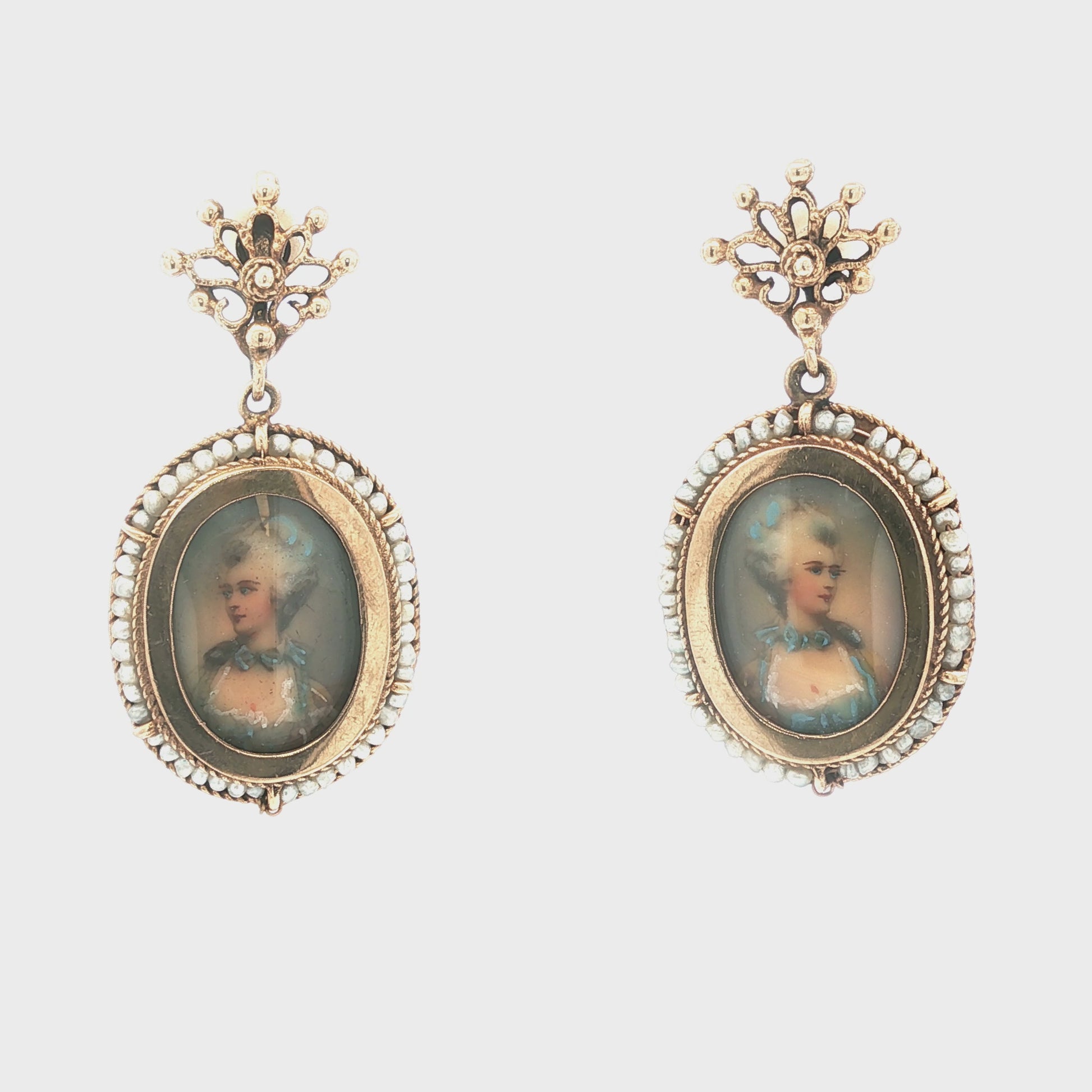 Mid-Century Victorian Style Painted Ladies and Seed Pearl Drop Earrings