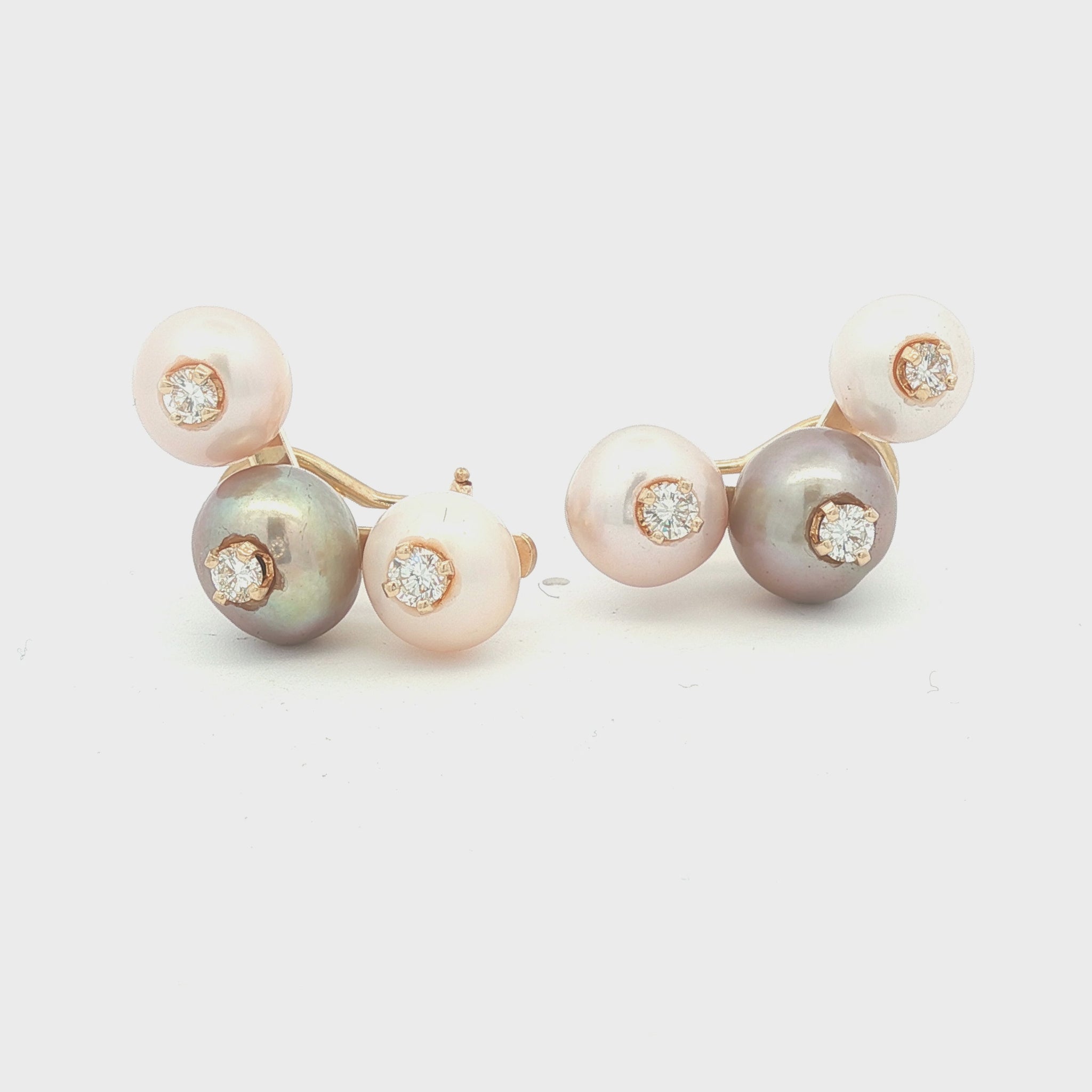 14k yellow gold Gray and White Freshwater Pearl and Diamond Curved Earrings