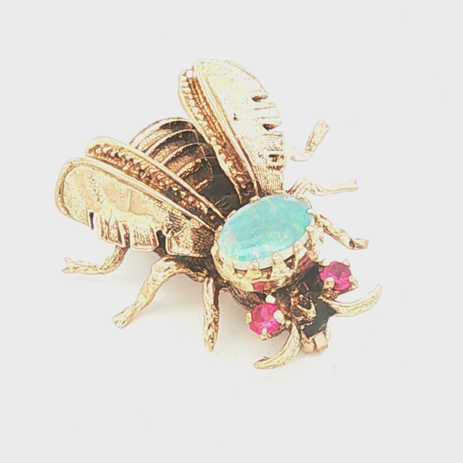 Vintage 14k yellow gold Bee Pin with a White Opal and Synthetic Ruby Eyes