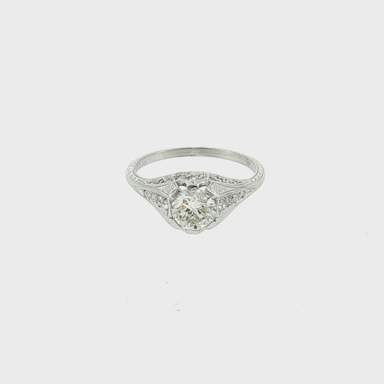 1920's Platinum .95 Carat Old European Cut Diamond Hand Engraved Engagement Ring