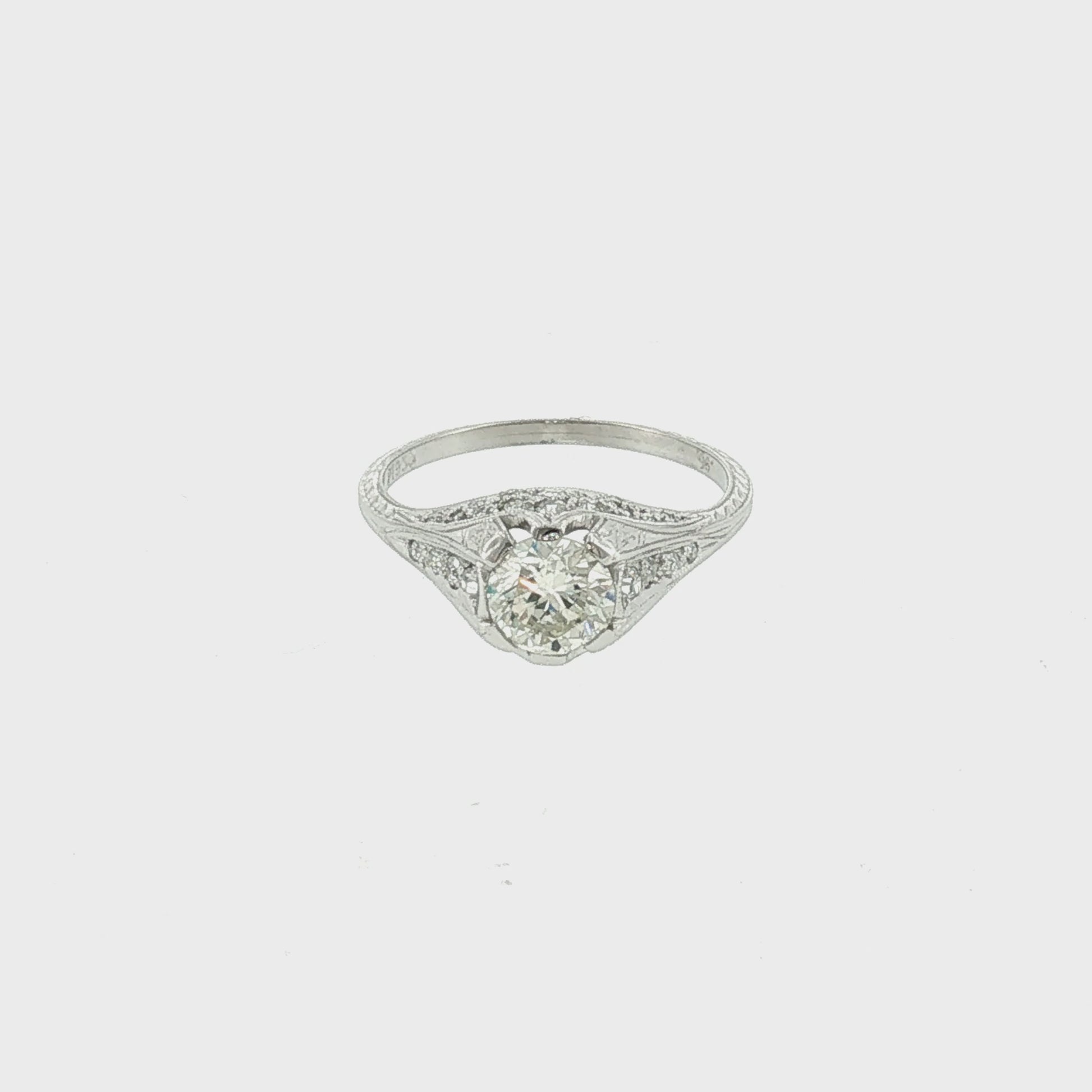1920's Platinum .95 Carat Old European Cut Diamond Hand Engraved Engagement Ring
