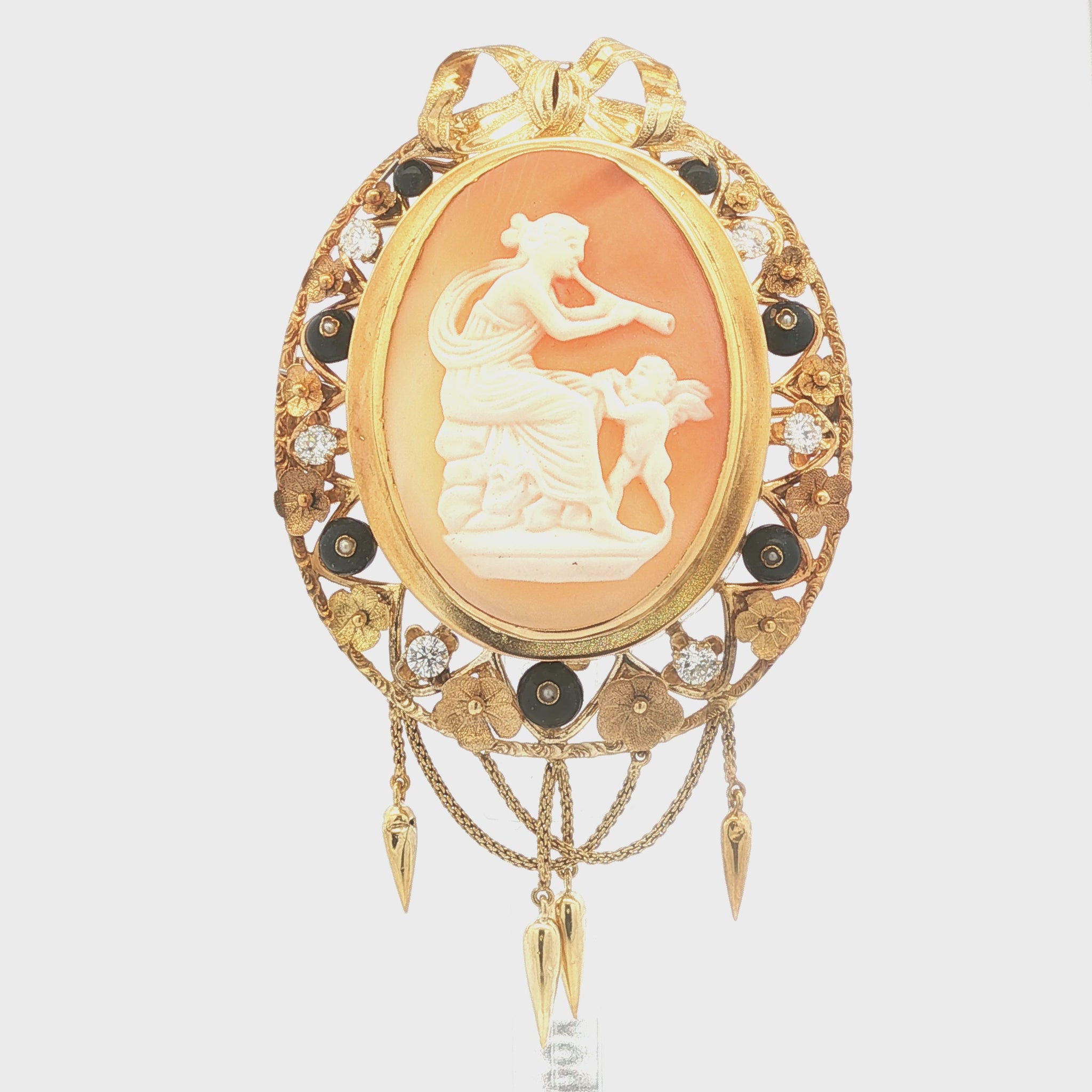 Vintage Goddess and Cherub Cameo with Diamonds, Enamel and Seed Pearls Pin