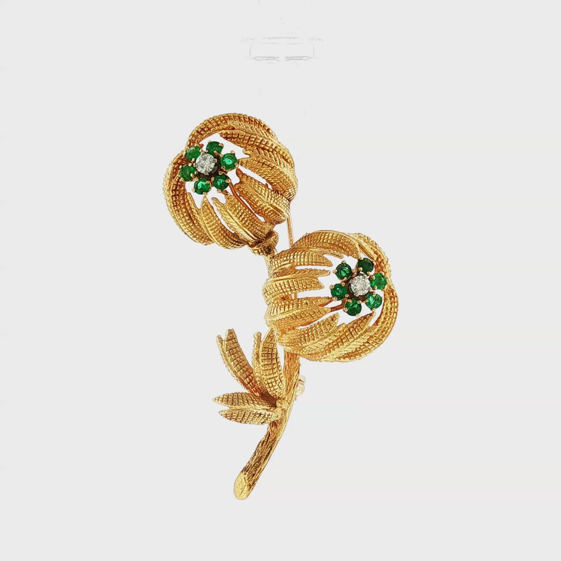 Mid-Century 18kyg Emerald and Diamond Textured Flower Pin