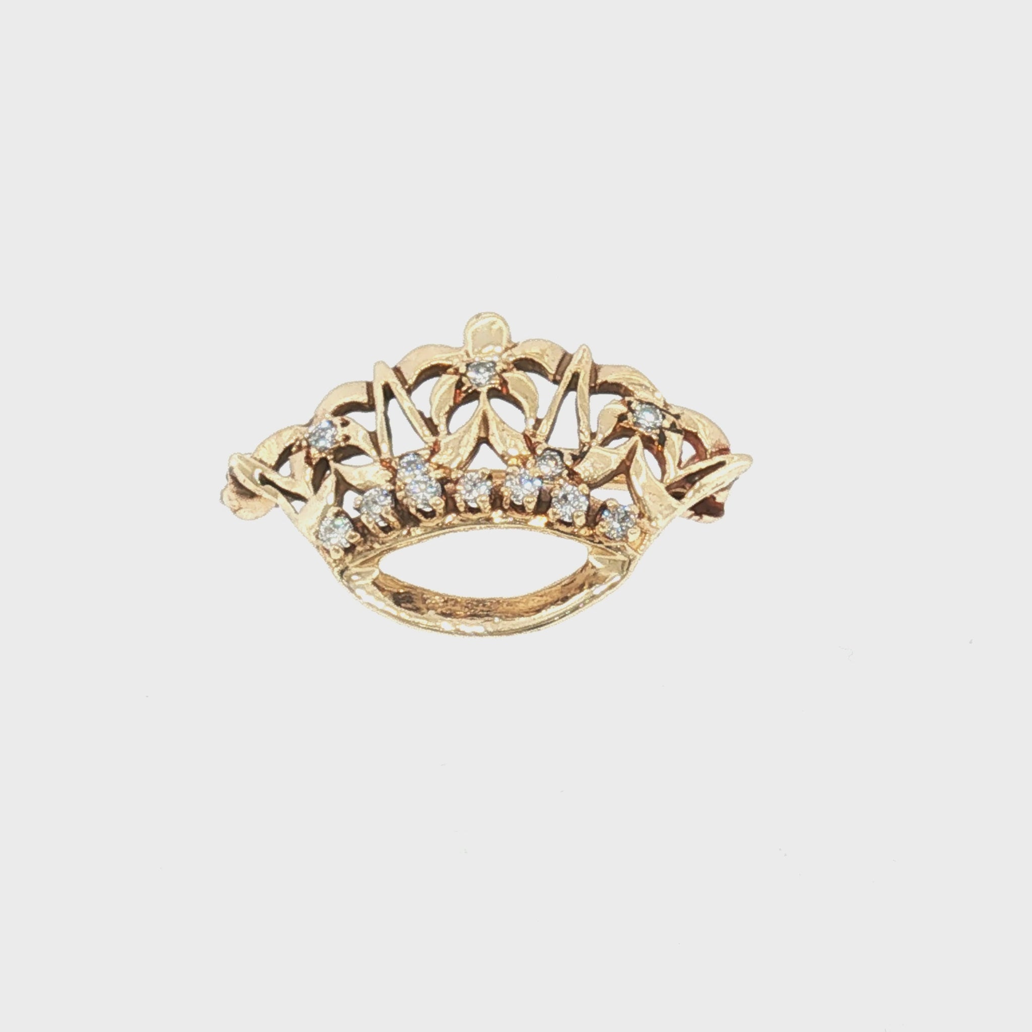 Mid Century 14k Yellow Gold Natural Diamond Crown Pin