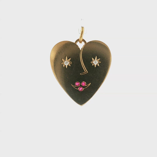 1940s 14k Yellow Gold Ruby and Diamond Heart Charm