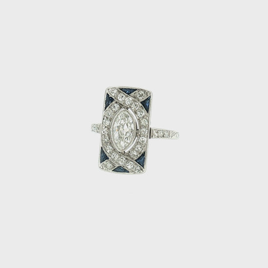 Art Deco Platinum Marquise Diamond and Calibre Synthetic Sapphire ring