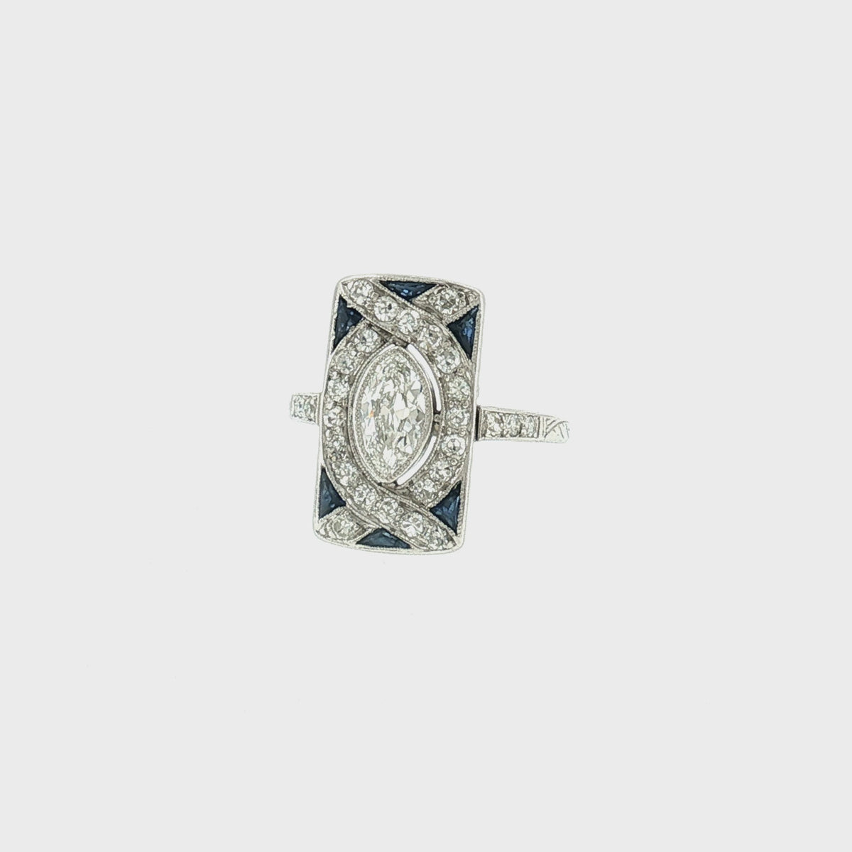 Art Deco Platinum Marquise Diamond and Calibre Synthetic Sapphire ring