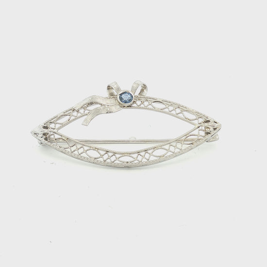 Depression Filigree Sapphire Navette Shaped 14k white gold Pin