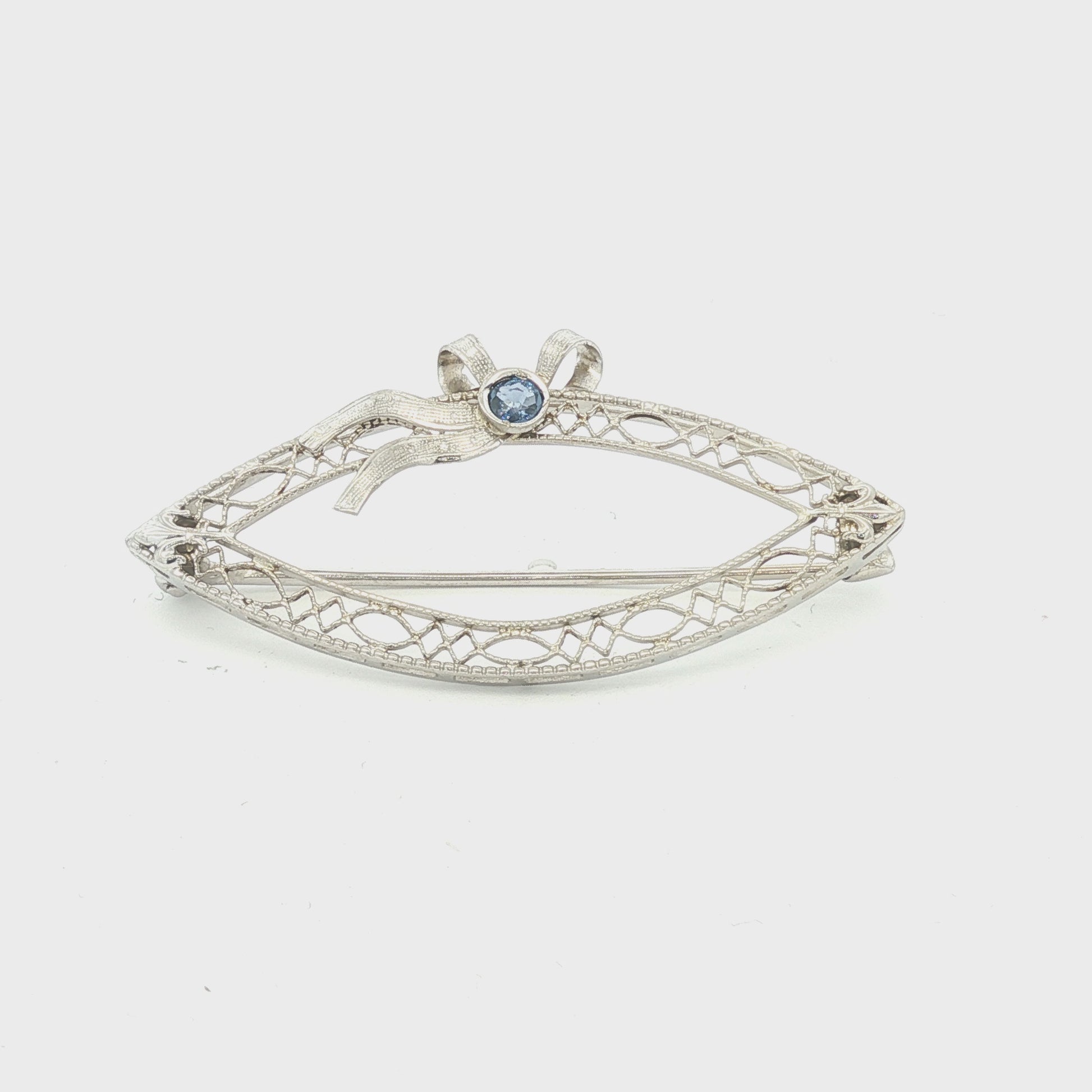 Depression Filigree Sapphire Navette Shaped 14k white gold Pin