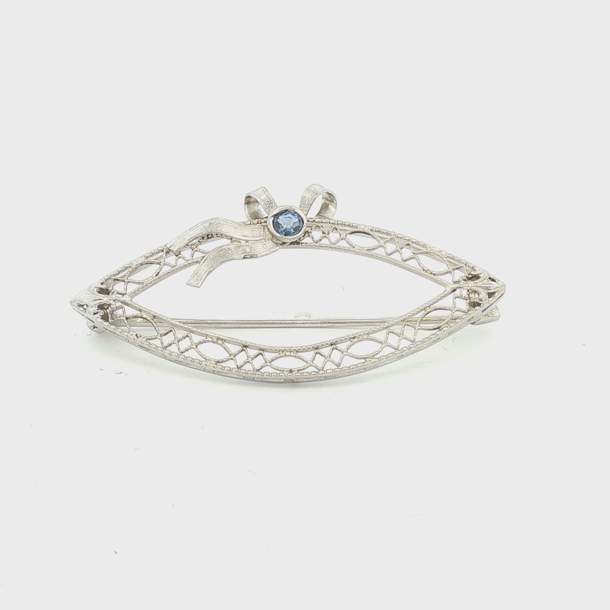 Depression Filigree Sapphire Navette Shaped 14k white gold Pin