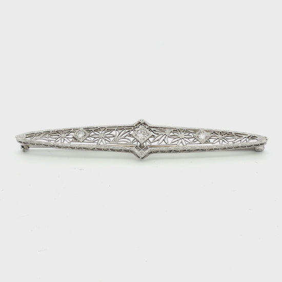 Edwardian 14k white gold Filigree Bar Pin with 3 Diamonds weighing .25 carats