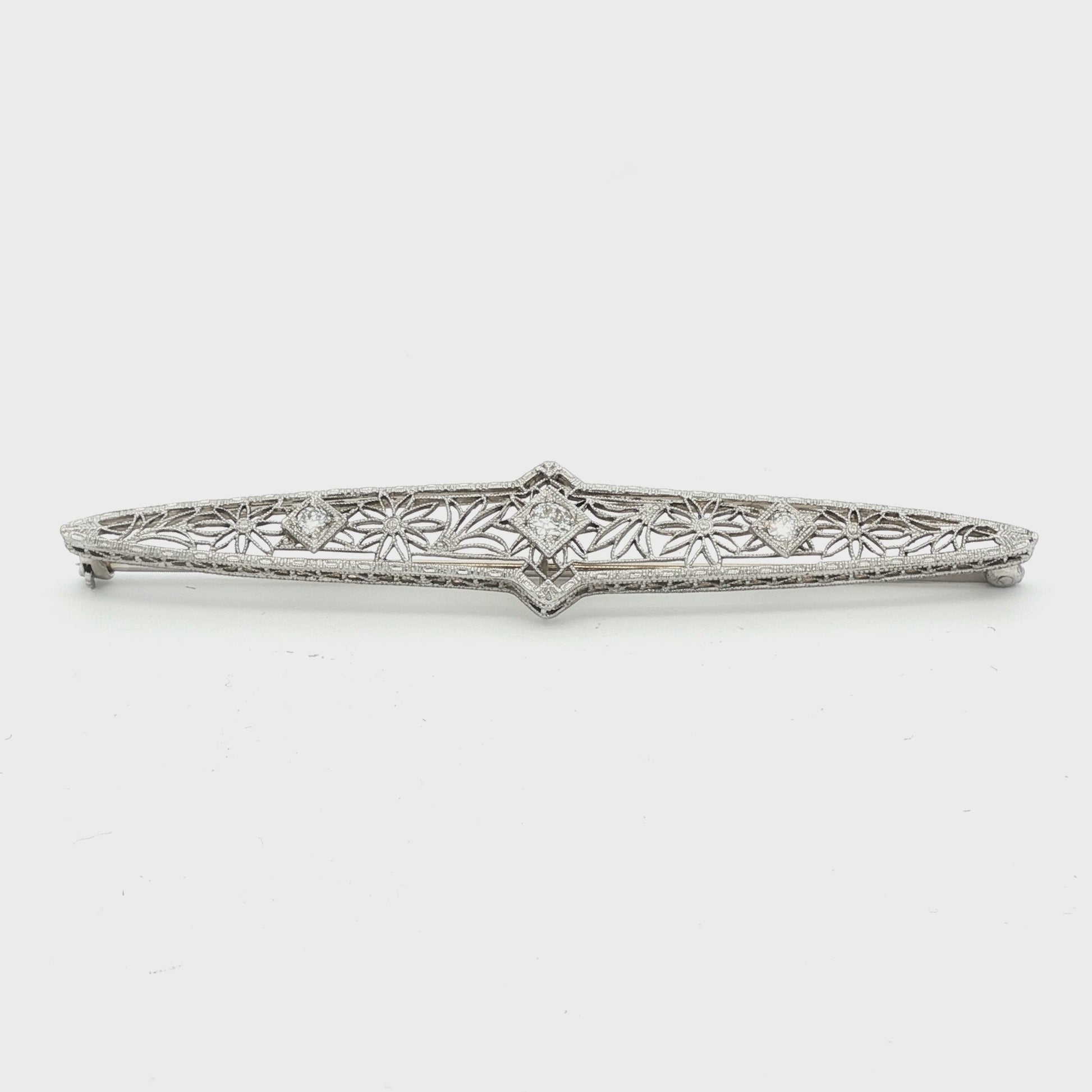 Edwardian 14k white gold Filigree Bar Pin with 3 Diamonds weighing .25 carats