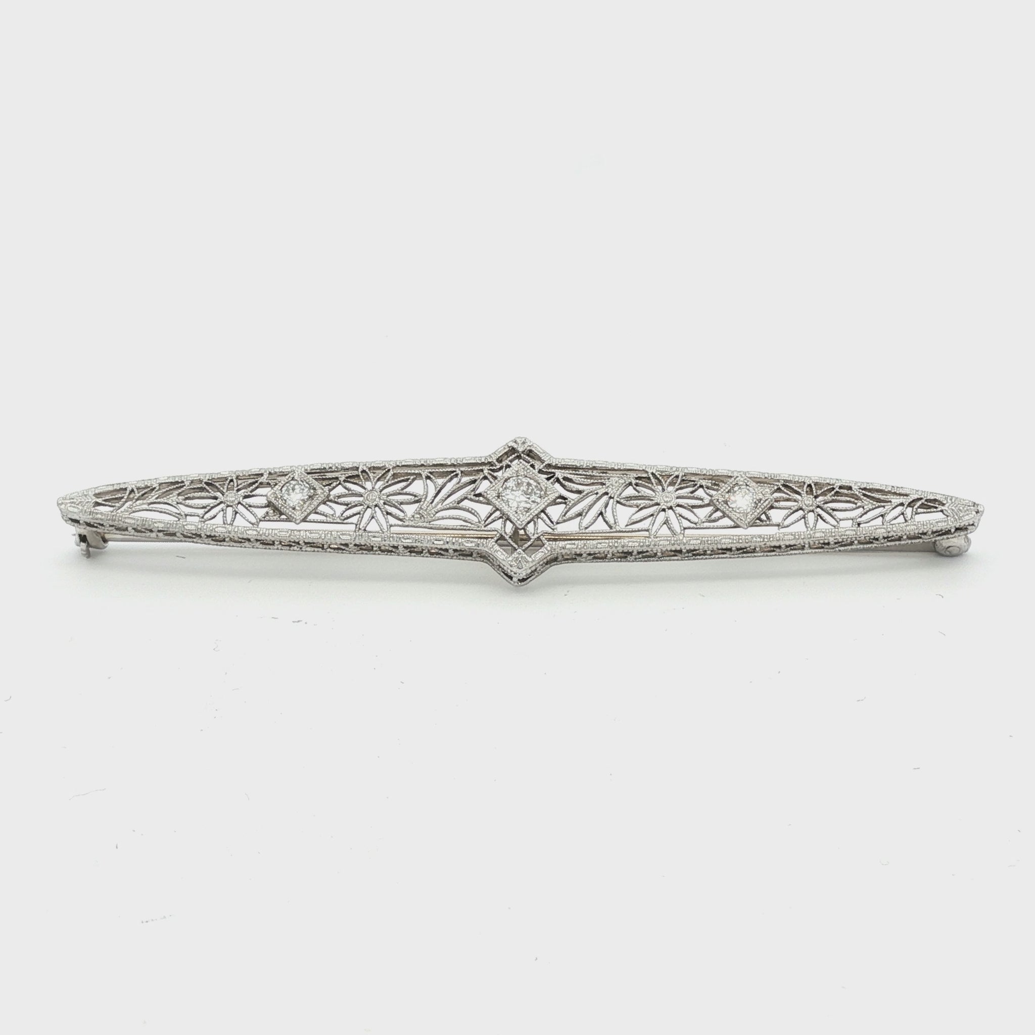 Edwardian 14k white gold Filigree Bar Pin with 3 Diamonds weighing .25 carats