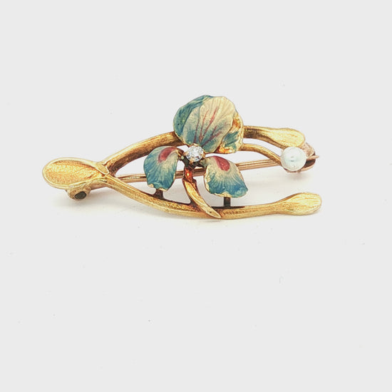 Art Nouveau 14kyg opalescent enamel Iris pin with a natural seed pearl & diamond