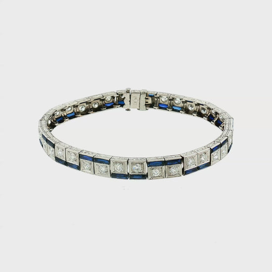 Art Deco Platinum Synthetic Calibre Cut Sapphire and Diamond Bracelet