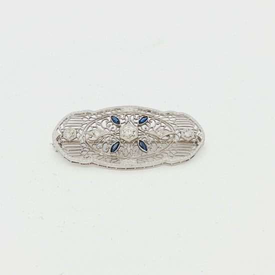 Depression filigree diamond and synthetic sapphire 14k white gold pin