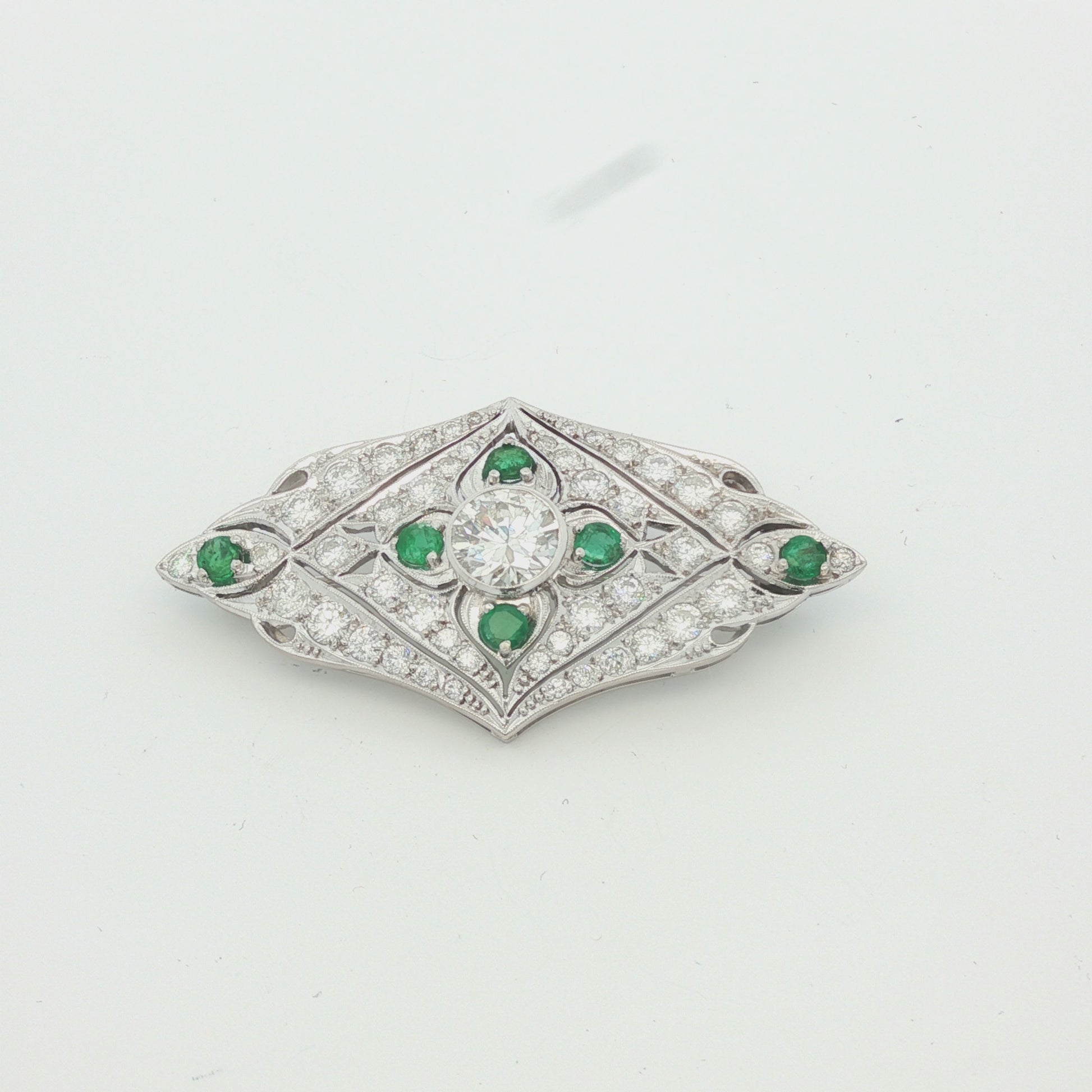 Vintage Deco Style Diamond and Emerald Brooch