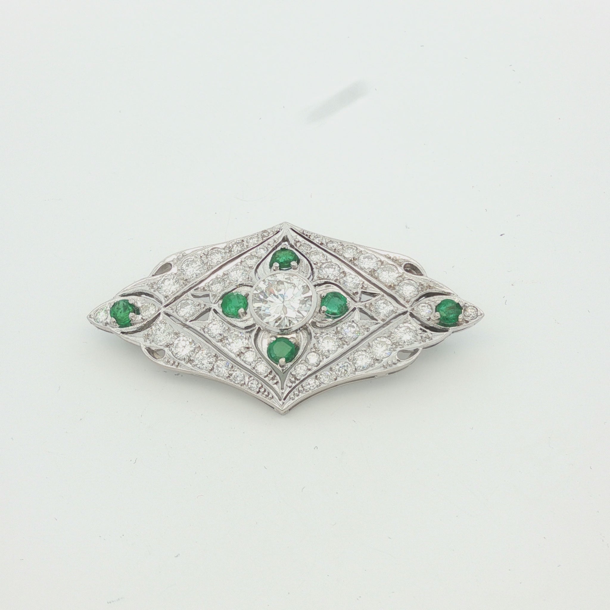 Vintage Deco Style Diamond and Emerald Brooch