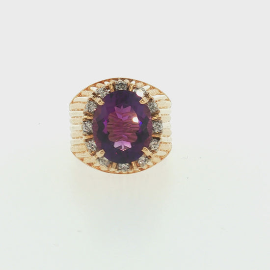 1960s 14 Karat Amethyst and Diamond Hand Fabricated Ring