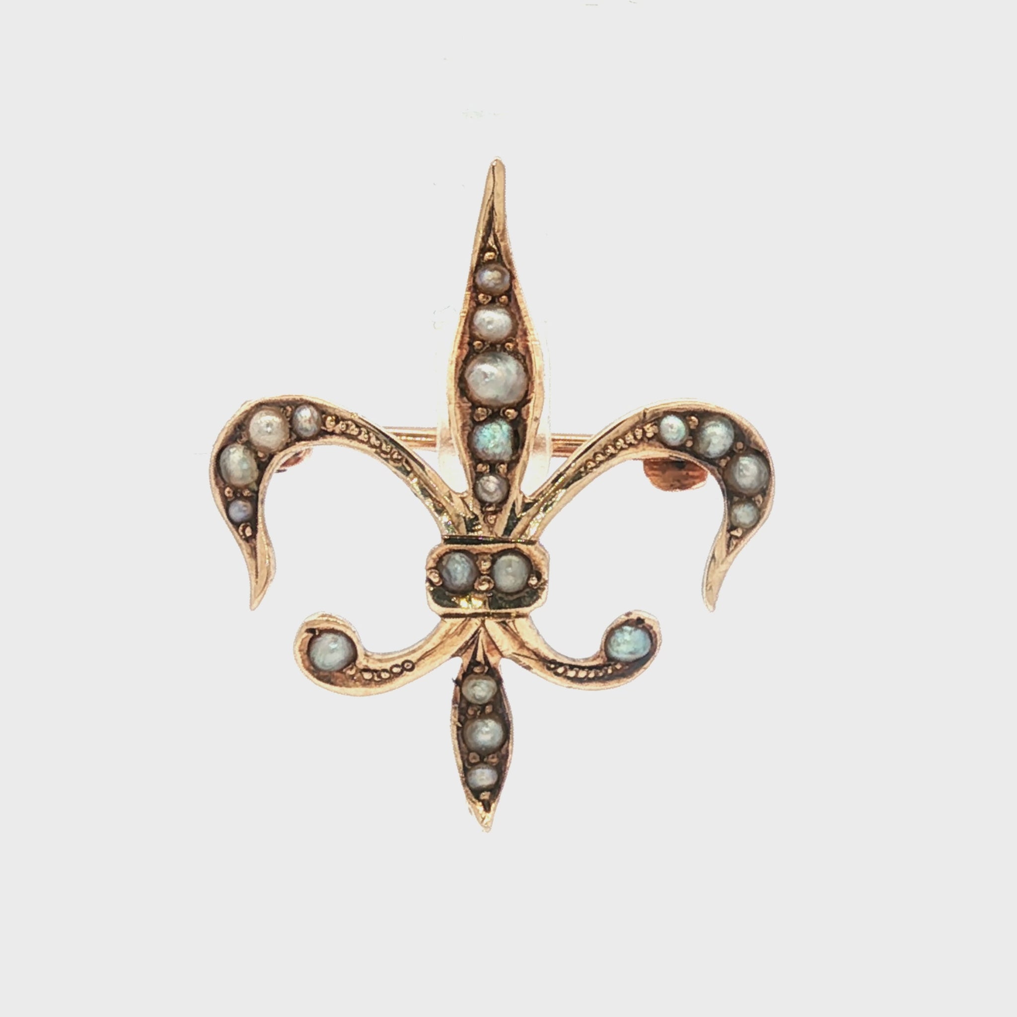 Victorian 10K Fleur de Lis natural seed pearls pin with watch hook